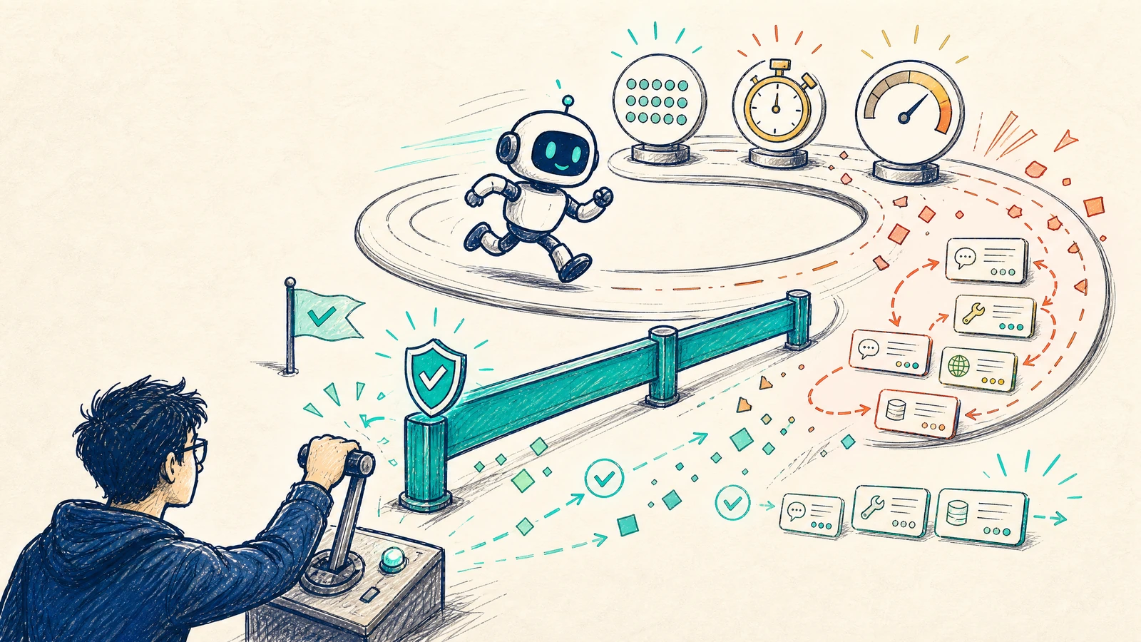 A small agent runs around token, latency, and cost gauges while a guardrail prevents a runaway loop