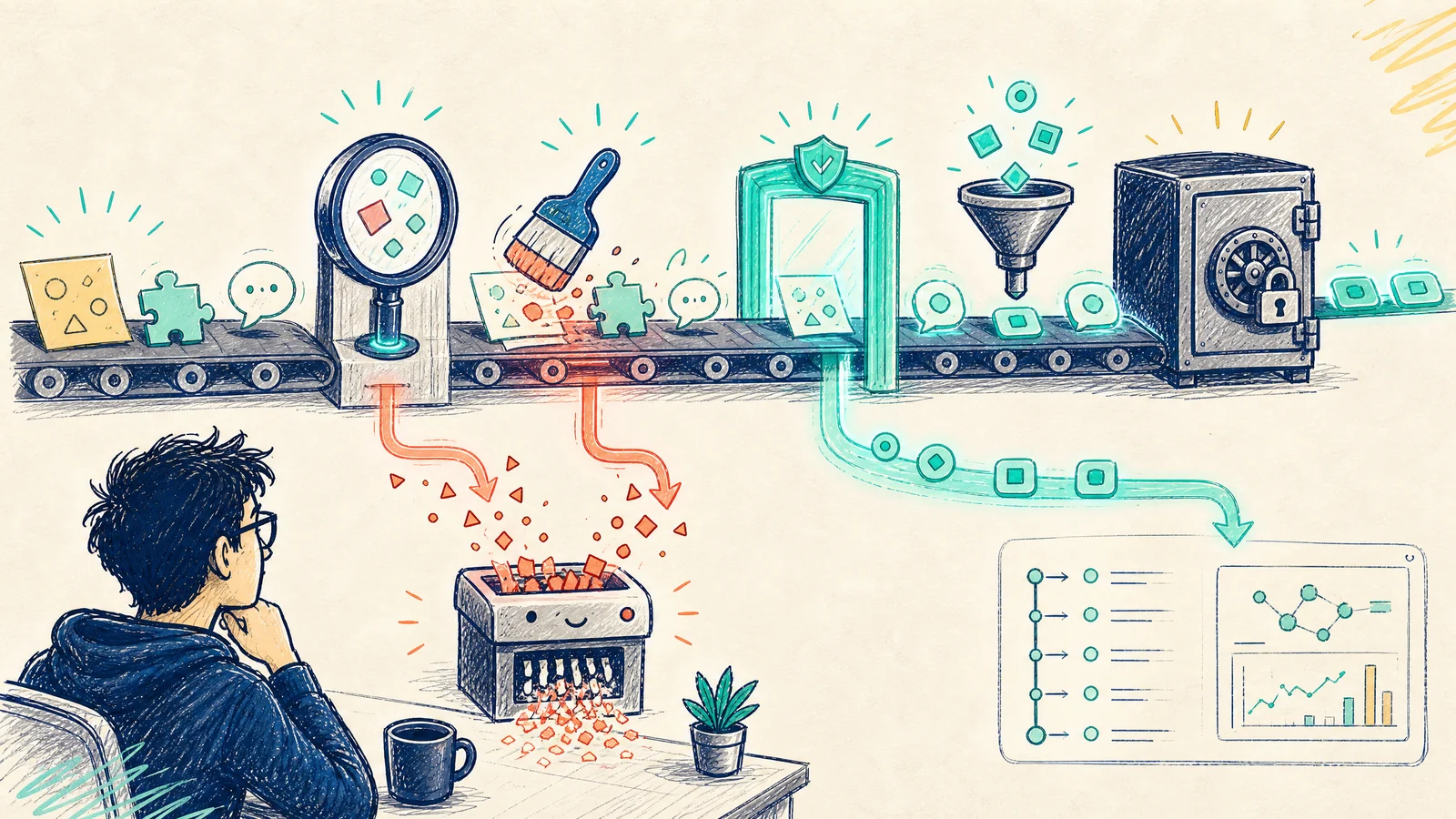 A conveyor routes prompt and tool fragments through classification, redaction, an allowlist, a collector, and a vault while risky fragments are shredded