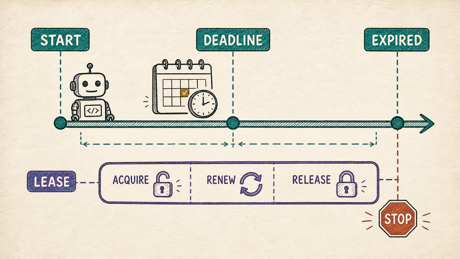 A timeline separates the business deadline of a run from the acquire, renew, release and stop points of an execution lease