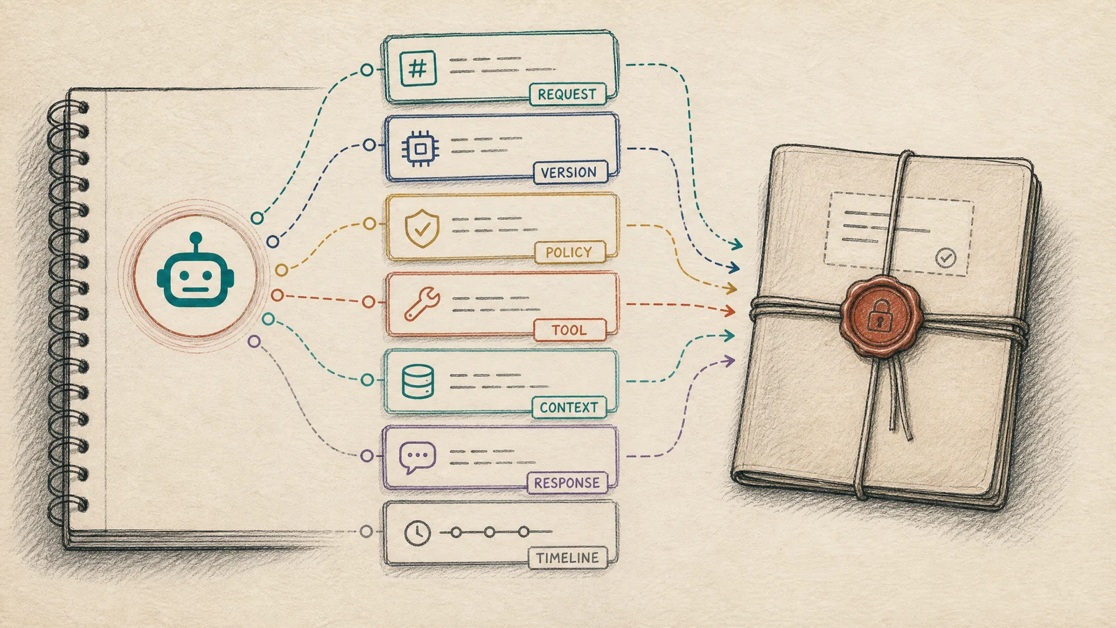 An evidence pack assembles request, version, policy, tool, context, response, and timeline records into a sealed incident bundle