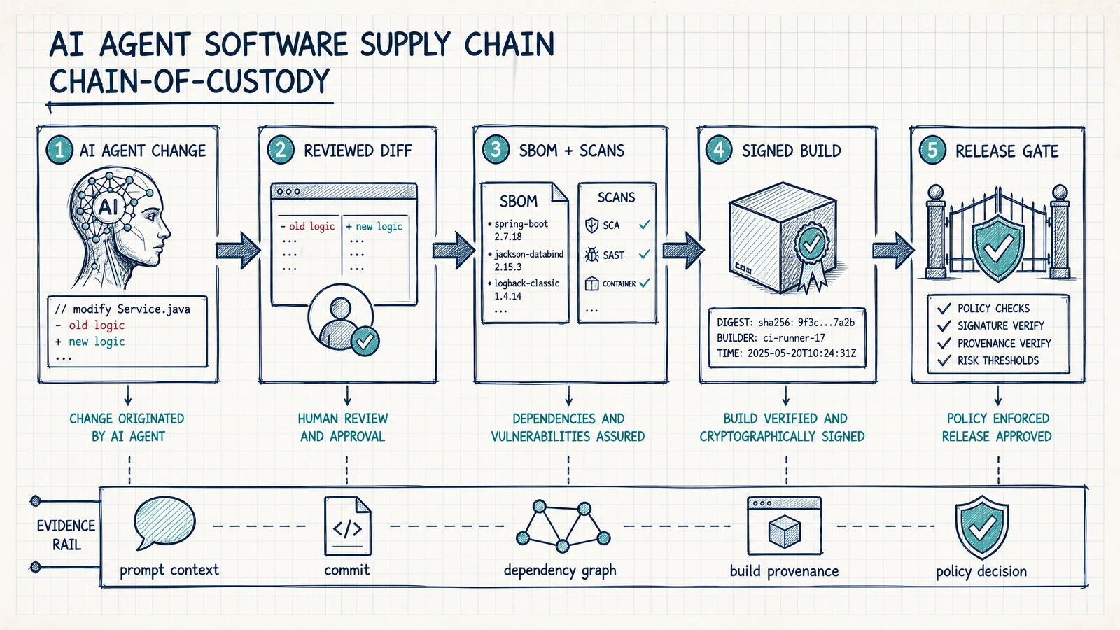 A hand-drawn chain-of-custody map from AI agent change through reviewed diff, SBOM and scans, signed build, and release gate