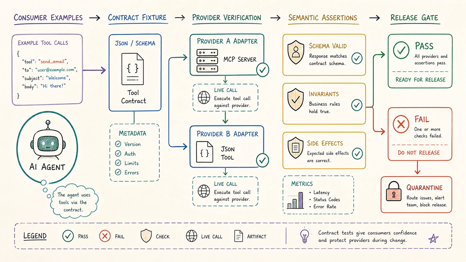 A hand-drawn whiteboard pipeline showing consumer examples, provider verification, semantic assertions, and a release gate before production
