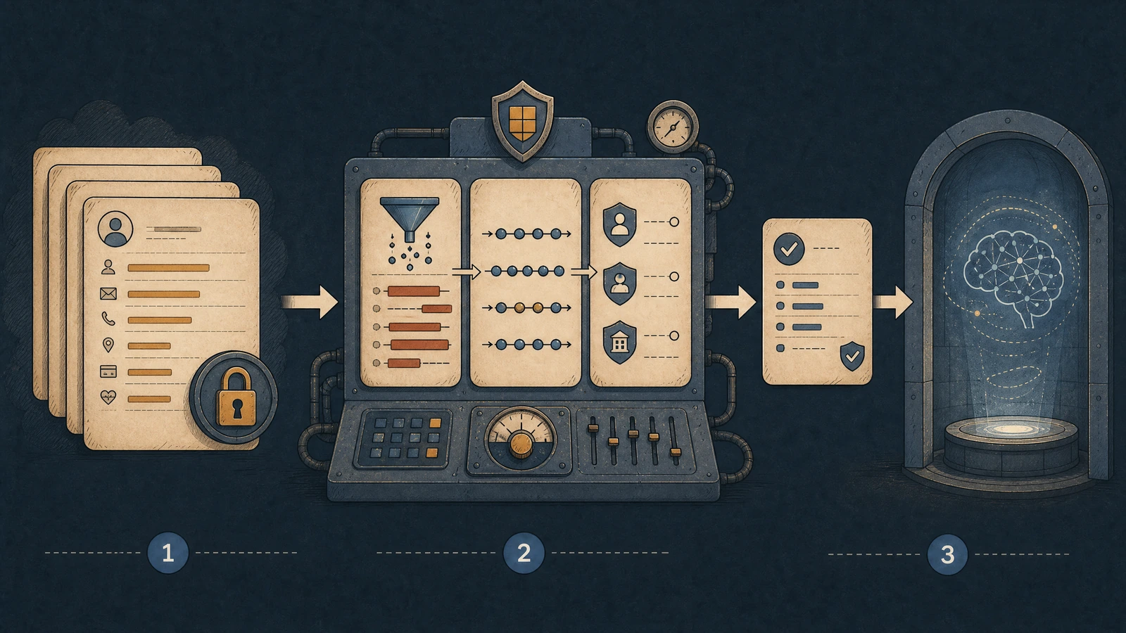 A three-stage illustration showing raw records transformed through filtering and tokenization into a safe model context
