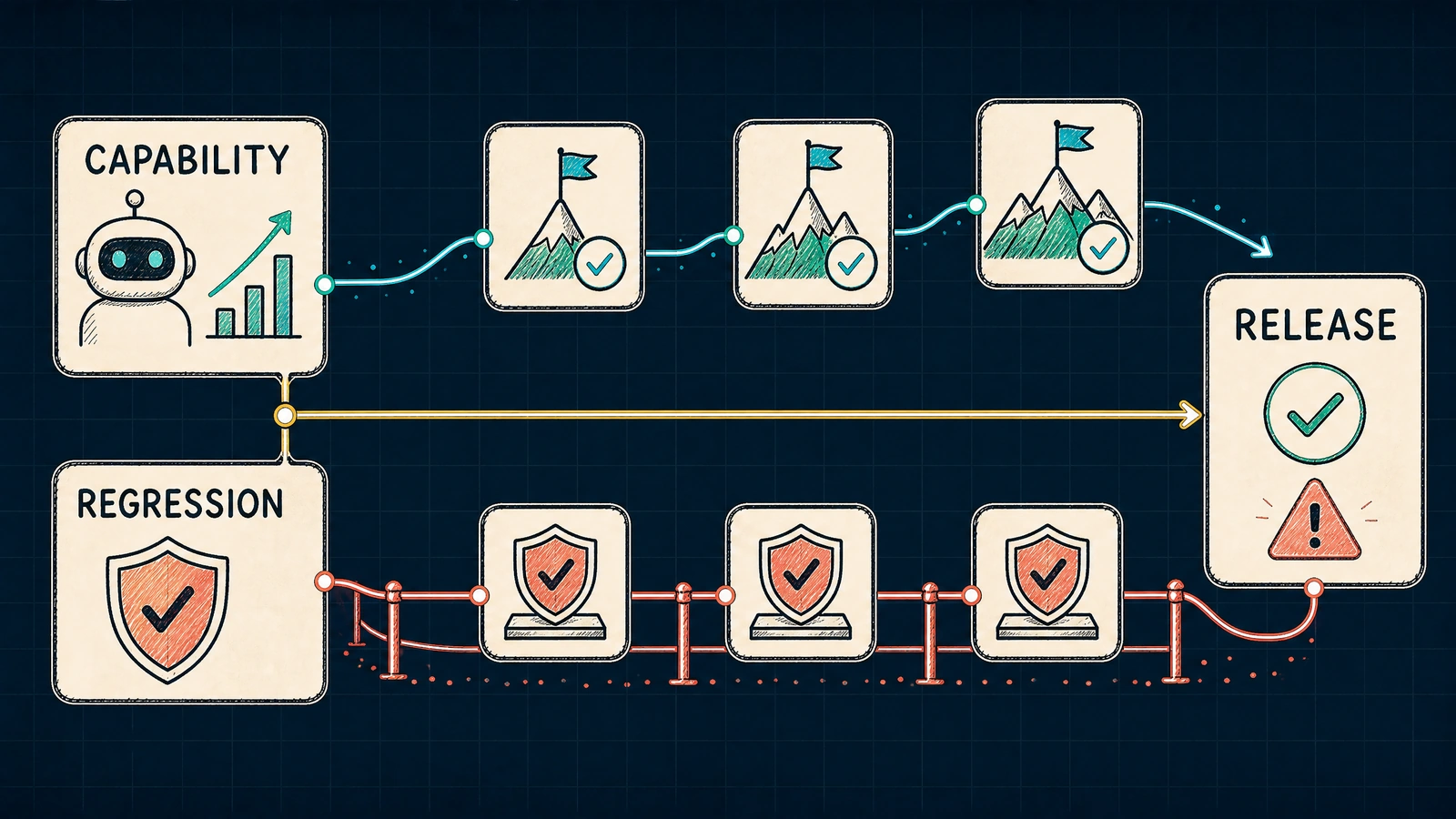 A hand-drawn illustration showing capability tests climbing upward while regression tests protect a release path