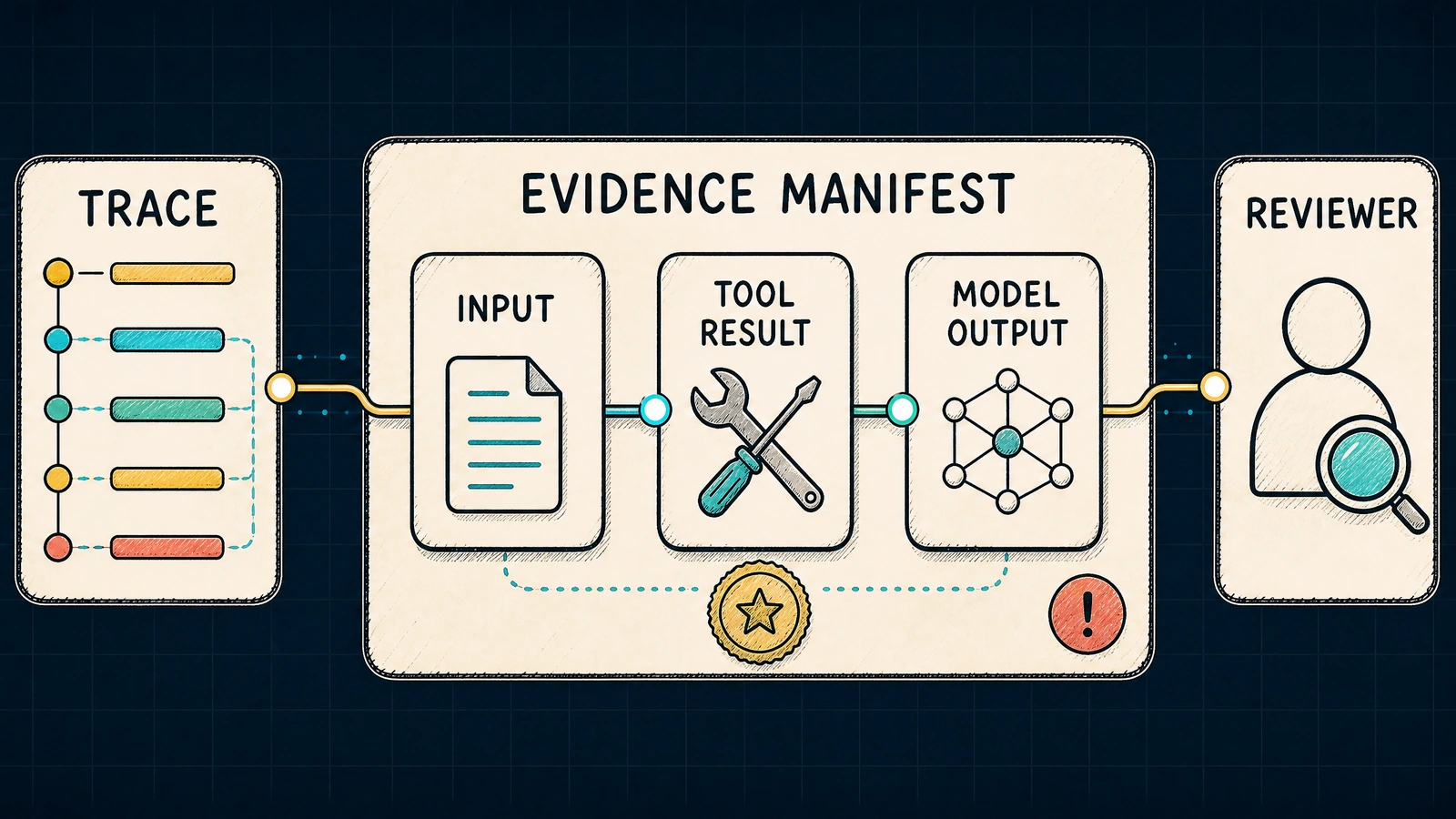 A hand-drawn evidence manifest showing document IDs, scores, time intervals, and redaction states without exposing raw content