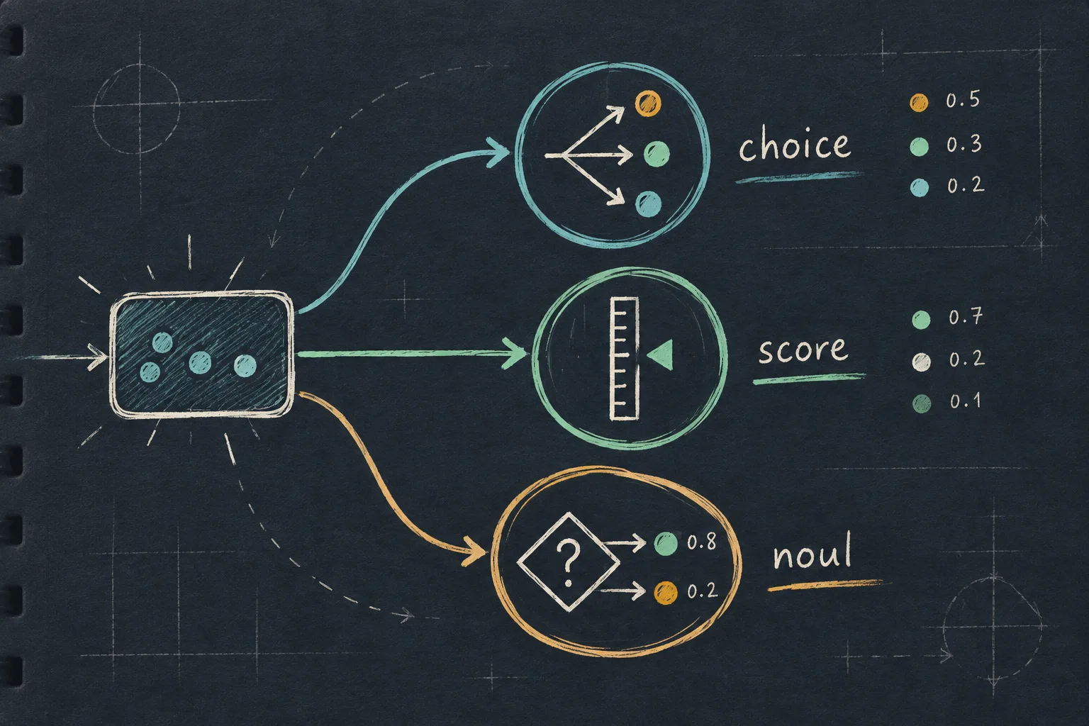 Jev’s three primitives drawn as a decision graph: choice, score, and noul