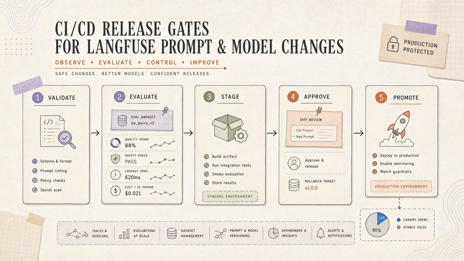 CI/CD gates compare prompt versions on a pinned dataset before staging, approval, production promotion, and rollback