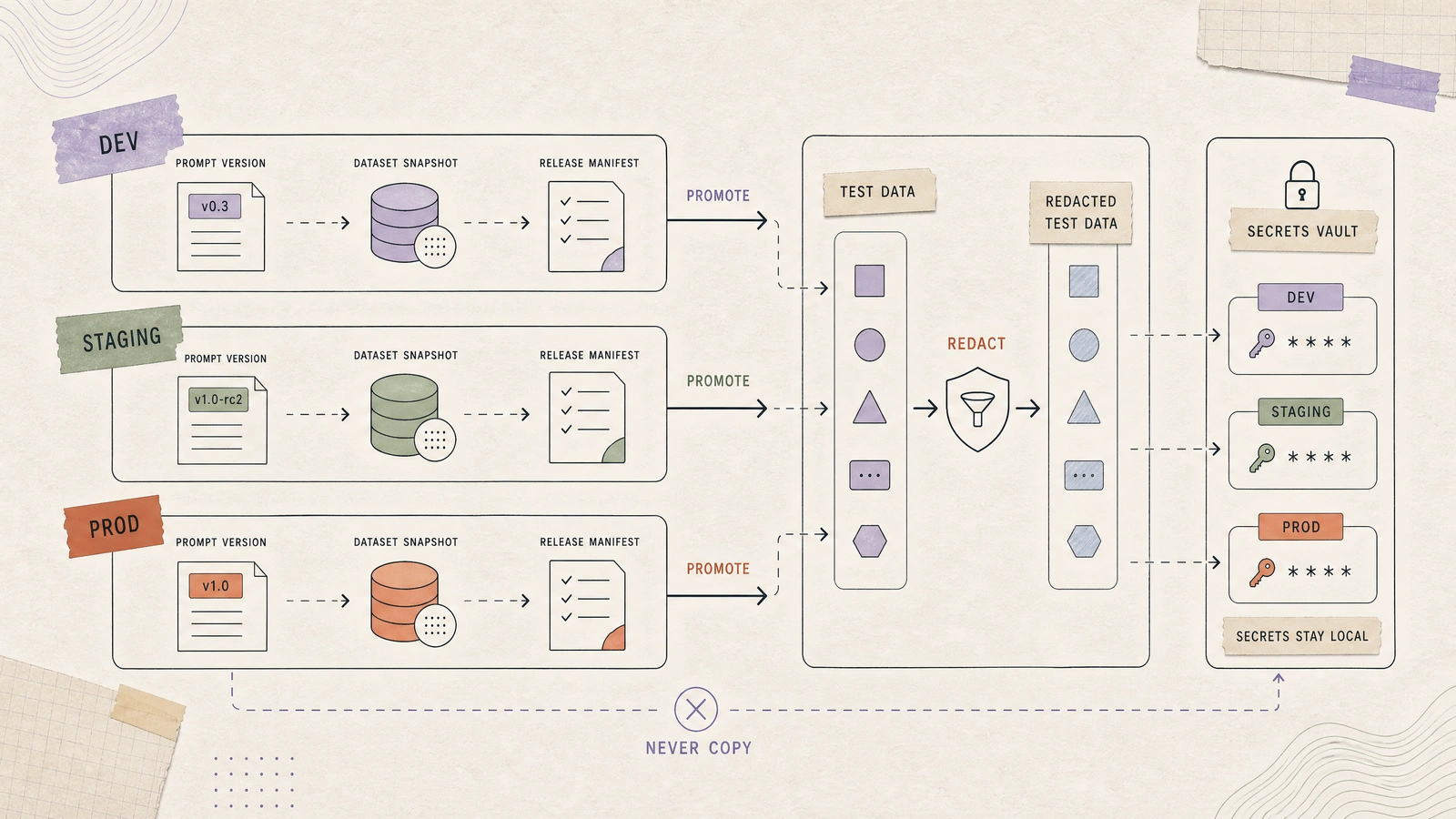 Environment promotion separates portable release artifacts from redacted data and environment-specific secrets