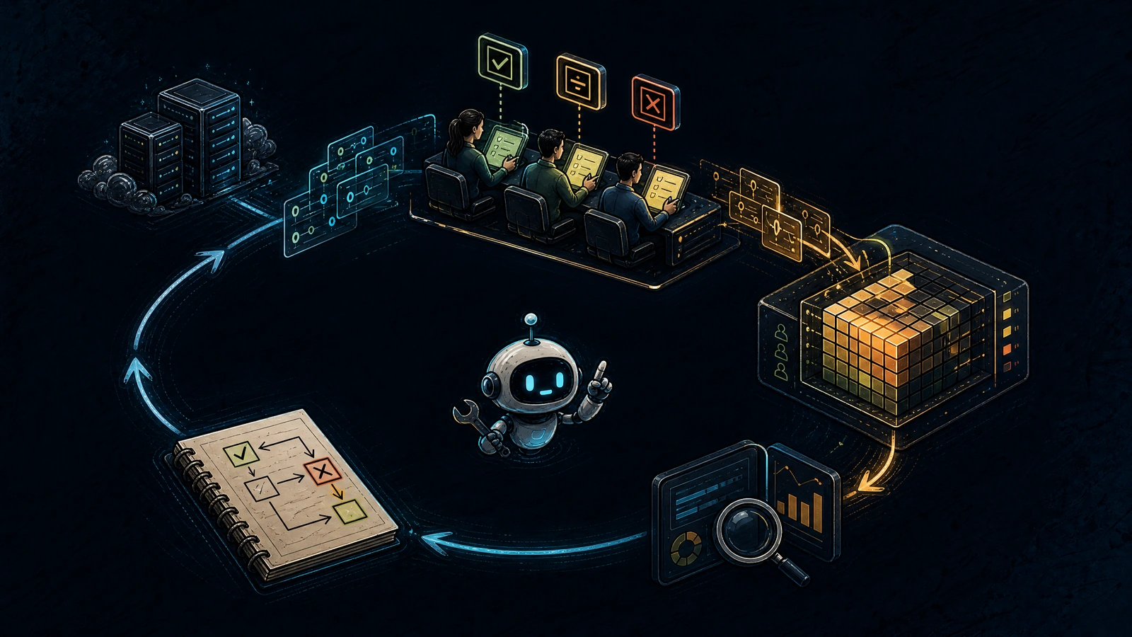 A production calibration loop connects sampled traces, human labels, judge scores, confusion matrices, and rubric updates