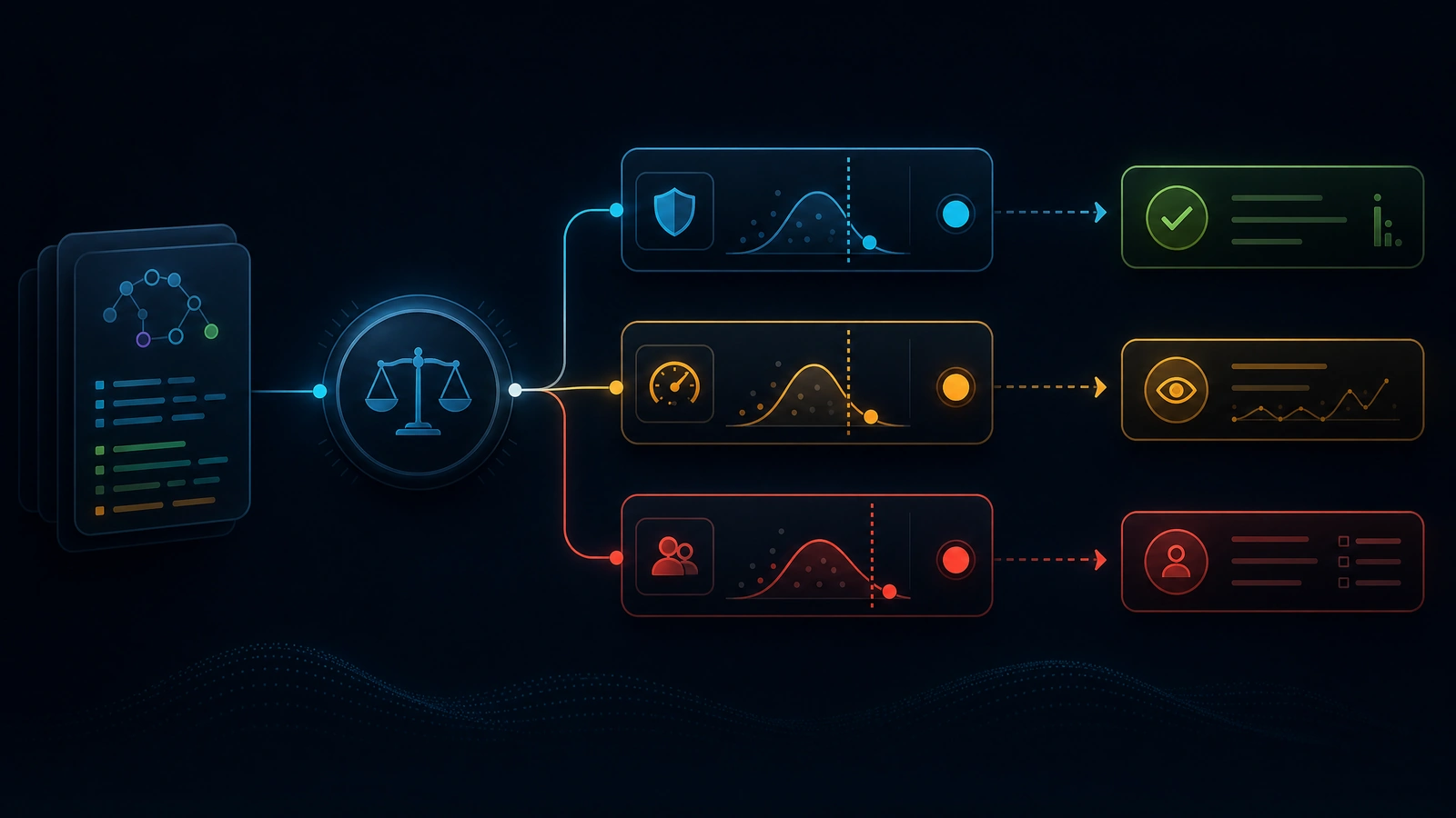 A calibrated judge routes traces into release, monitoring, and human-review gates according to evidence and thresholds