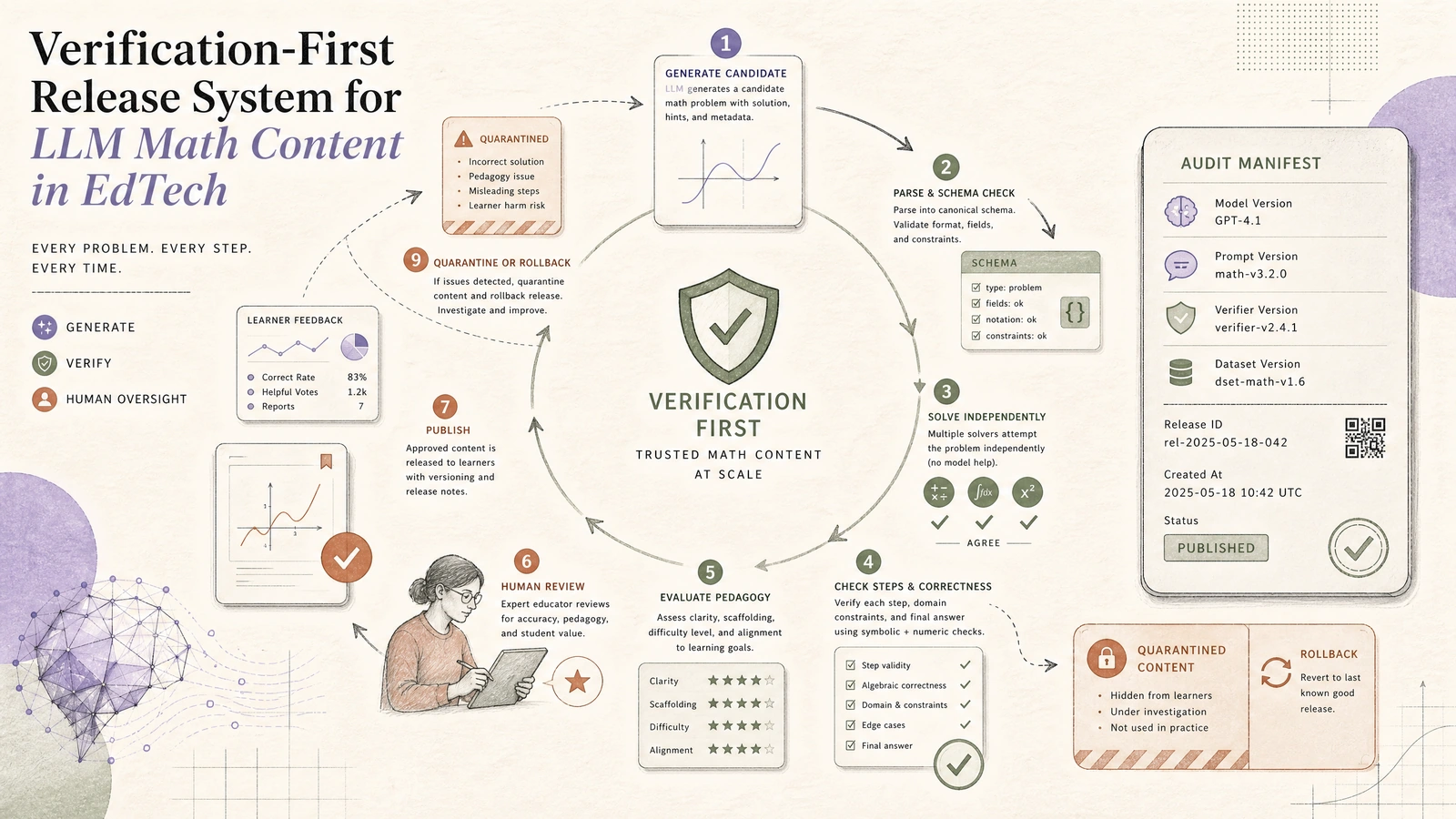 A verification-first release loop connects generation, independent checks, pedagogy review, publication, monitoring, and quarantine