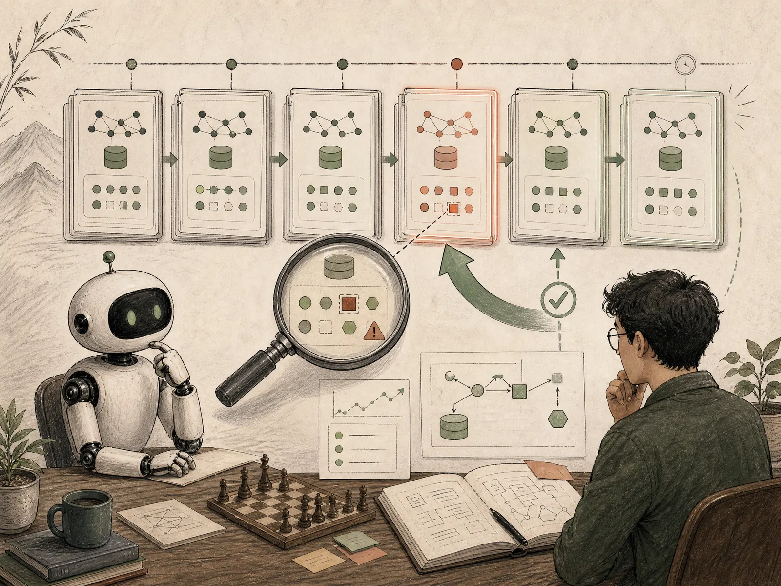 A forensic timeline identifies an anomalous write and rolls the agent back to a known-good snapshot