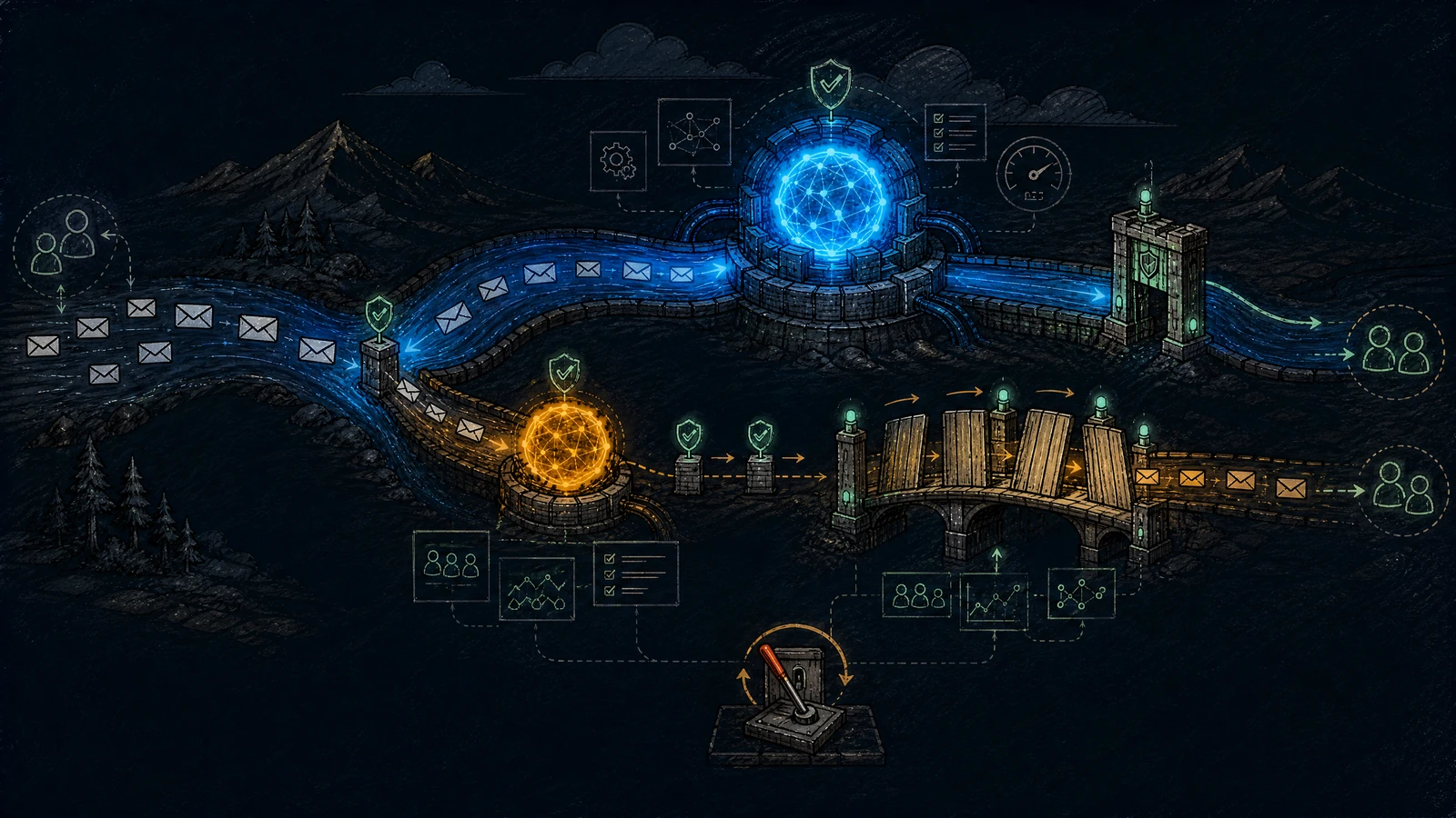 A stream of requests split between a blue production model and an amber shadow model before a guarded canary bridge