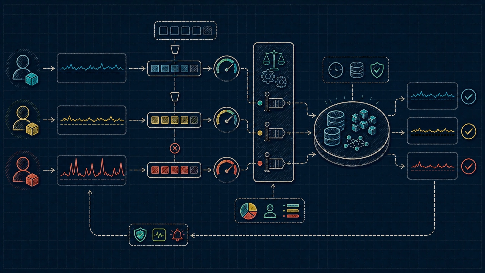 Fair scheduling, per-tenant budgets, queues, and rate limits protect the platform from a bursty tenant