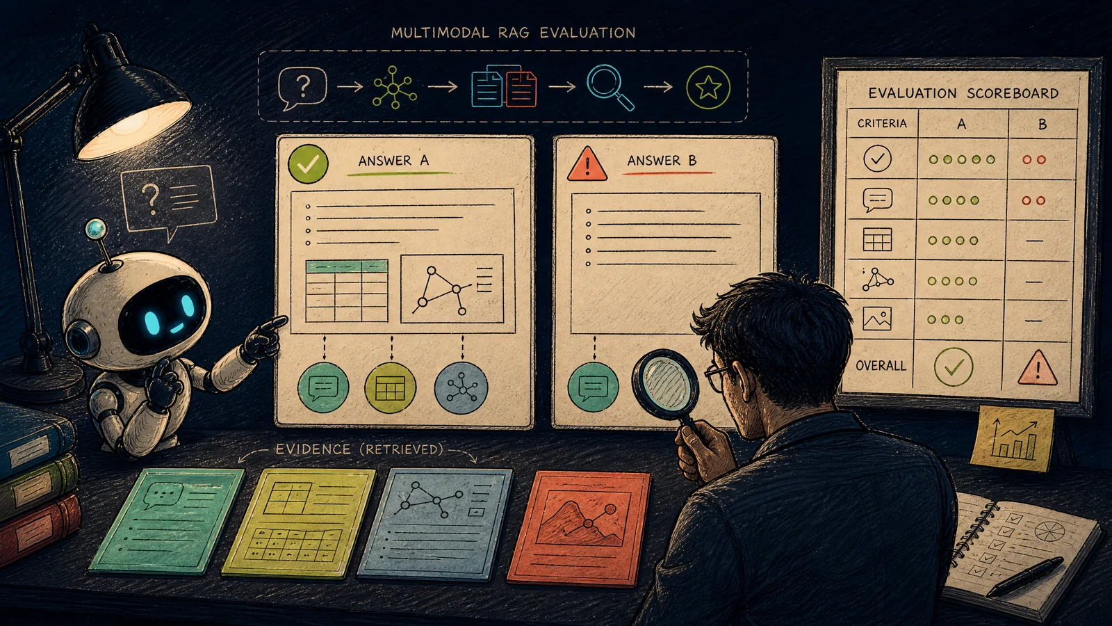 An evaluation board compares an answer grounded in paragraph, table, and figure evidence with one that relies on text alone