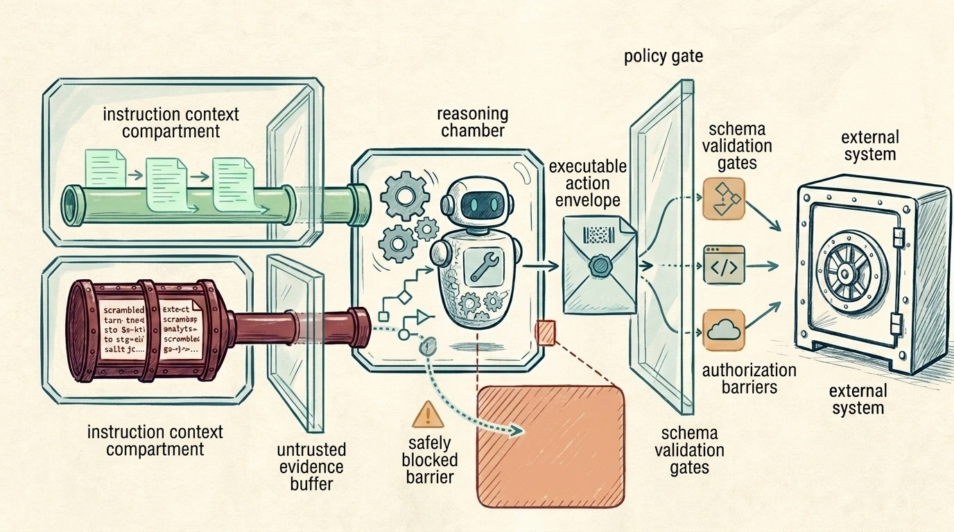 A conveyor separates trusted instructions, untrusted data, proposed actions, and policy decisions before anything reaches an external side effect
