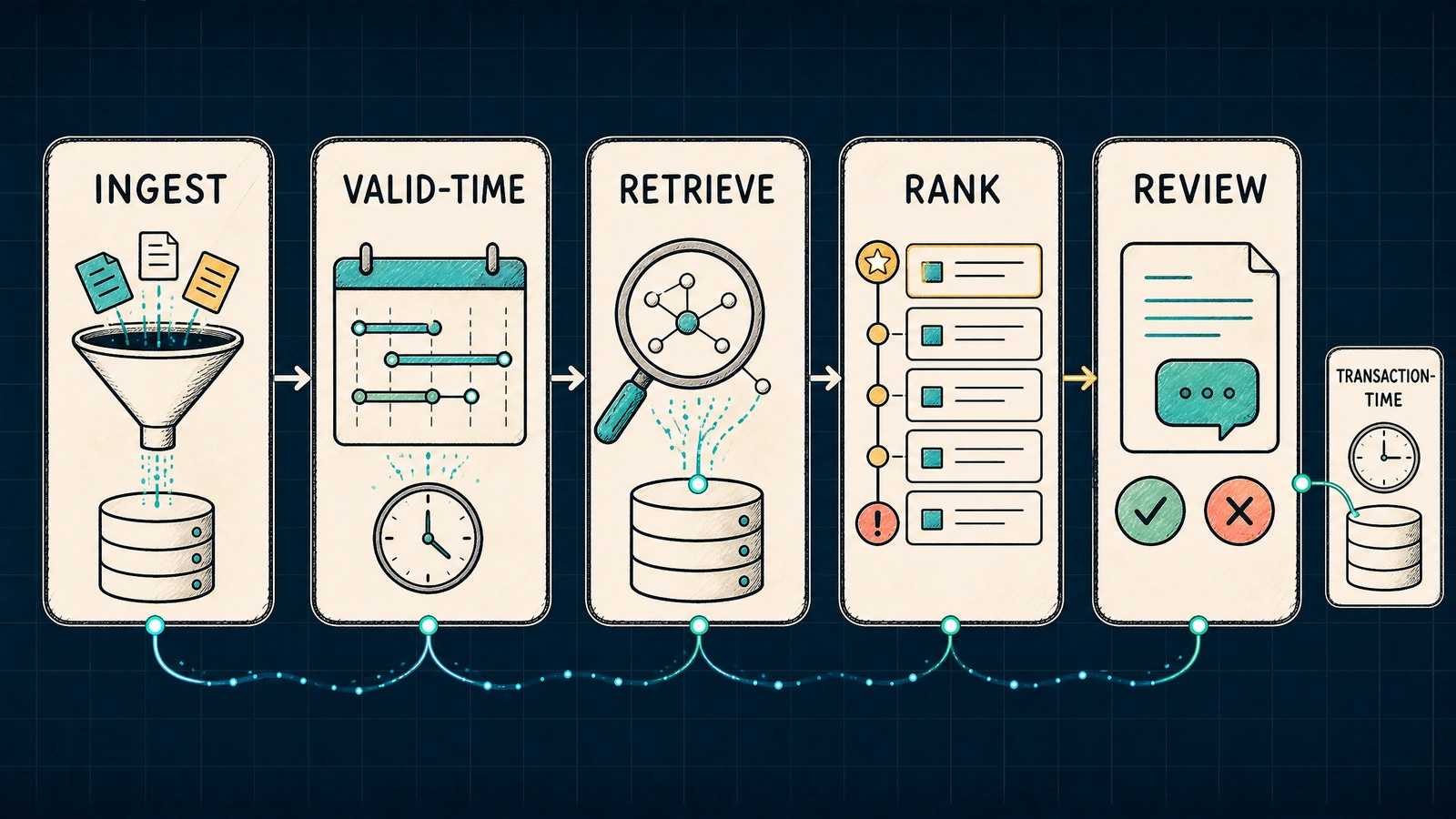 A hand-drawn pipeline filtering evidence by time before semantic ranking and contradiction review